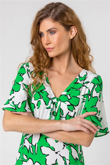 Green Contrast Floral Tie Detail Midi Dress, Image 4 of 5