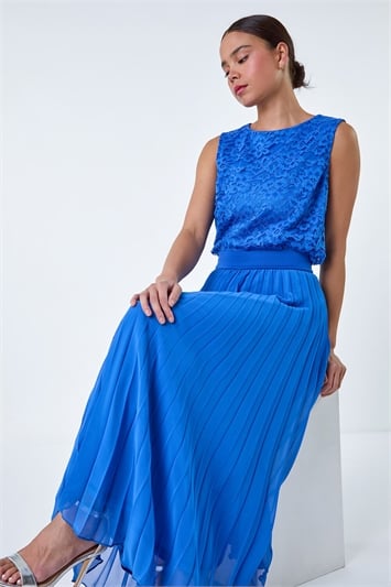 Blue Petite Elastic Waist A Line Pleated Maxi Skirt