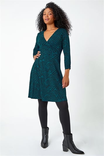 Blue Petite Mock Wrap Abstract Stretch Dress