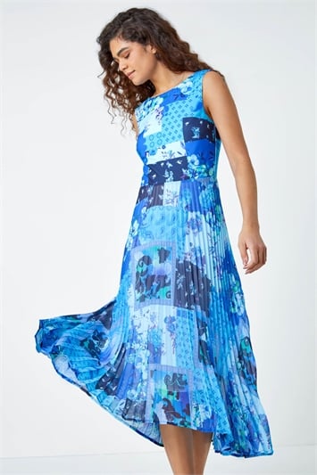 Blue Mixed Floral Print Pleated Midi Dress