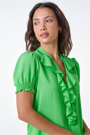 Green Waffle Textured Frill Detail Top