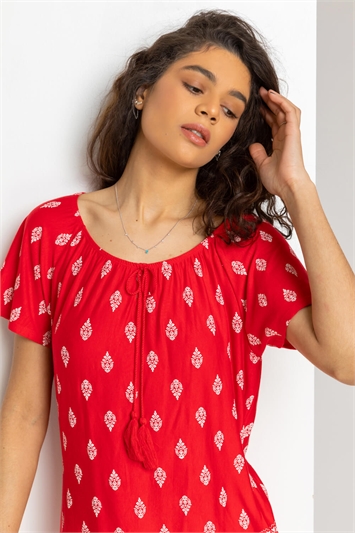 Red Paisley Print Short Sleeve Top, Image 4 of 4