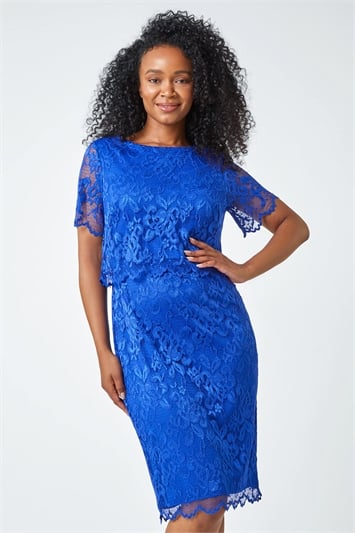Blue Petite Lace Overlay Stretch Dress
