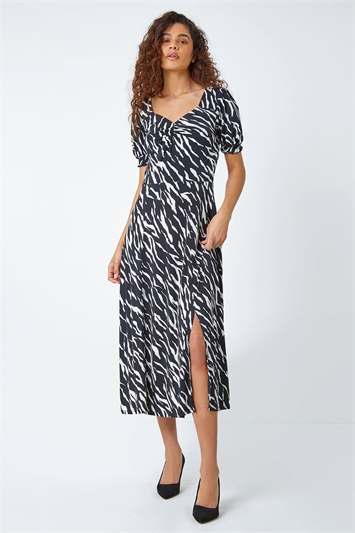 Black Zebra Print Stretch Ruched Midi Dress