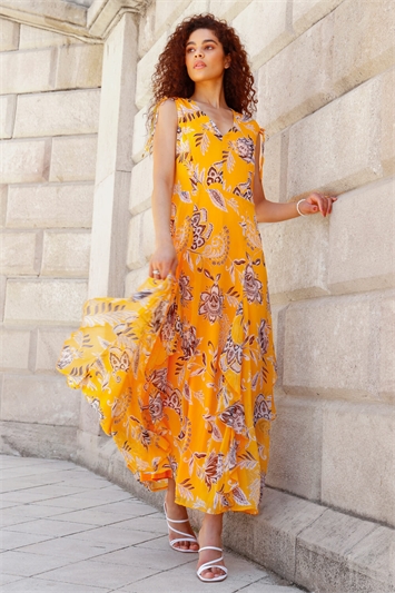 Yellow Sleeveless Floral Frill Maxi Dress