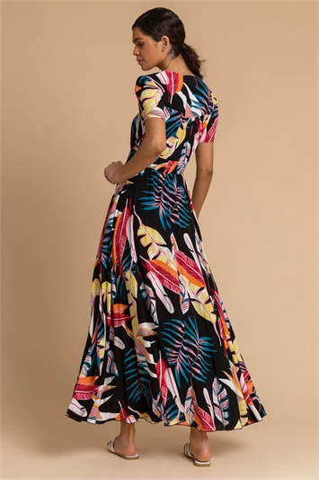 Black Tropical Palm Shirred Waist Maxi Dress, Image 2 of 5