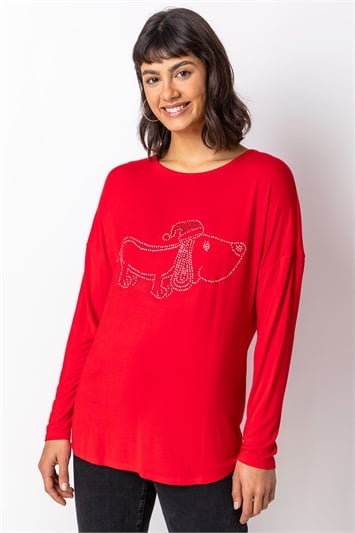 Red Christmas Dog Motif Jersey Top, Image 1 of 4