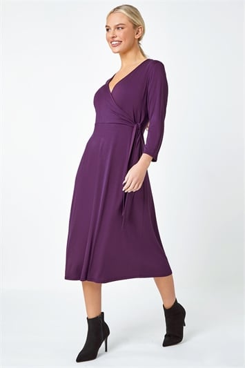 Purple Petite Plain Stretch Wrap Midi Dress