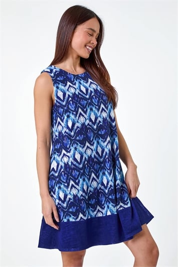 Blue Petite Abstract Print Contrast Hem Dress