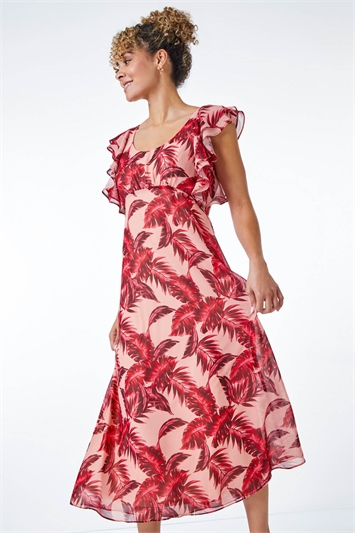 Pink Petite Tropical Print Frill Sleeve Midi Dress, Image 4 of 5
