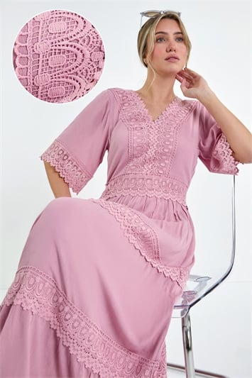 Pink Tiered Lace Detail Maxi Dress