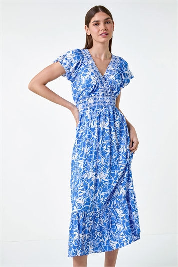 Blue Floral Print Shirred Midi Dress