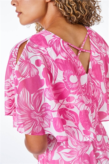 Pink Petite Floral Print Chiffon Cape Midi Dress