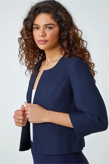 Blue Pleated Textured Cropped Jacket