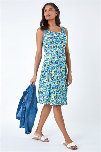 Blue Sleeveless Contrast Floral Print Dress