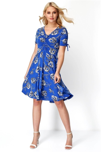 Royal Blue Floral Stretch Jersey Tea Dress, Image 2 of 5