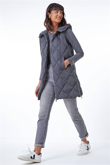 Grey Diamond Quilted Hooded Gilet