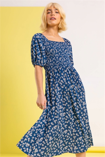 Blue Ditsy Floral Shirred Midi Dress, Image 5 of 5