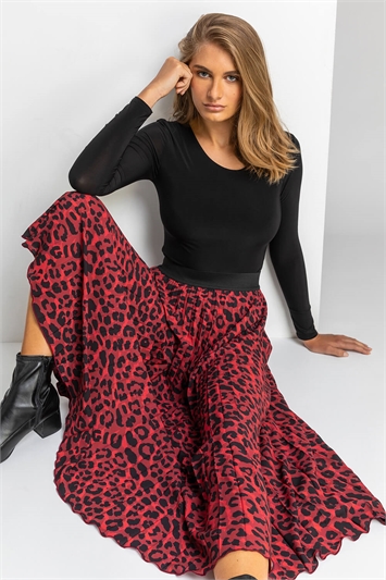 Red Animal Print Pleated Skirt, Image 4 of 4