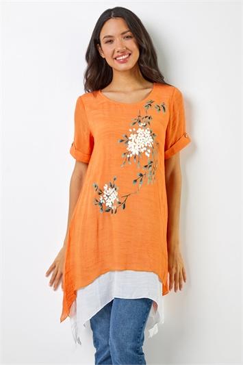 Orange Floral Print Asymmetric Tunic Top, Image 1 of 5