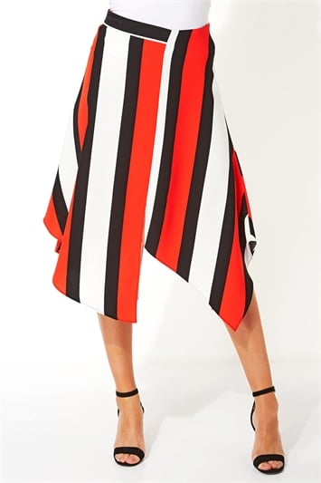 Red Asymmetric Stripe Midi Skirt