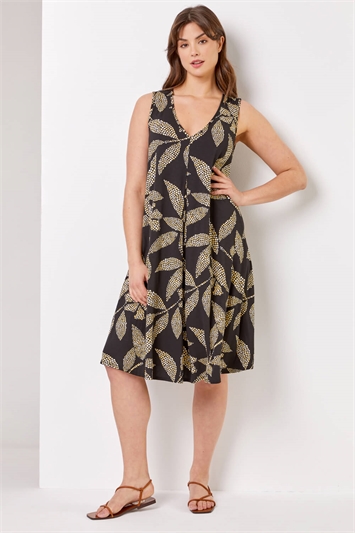 Black Curve Spot Leaf Print Dress, Image 3 of 4