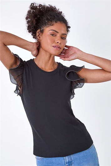 Black Ribbed Stretch Frill Detail Top