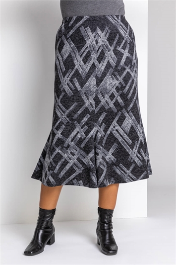 Dark Grey Curve Abstract Cross Print Fluted Skirt