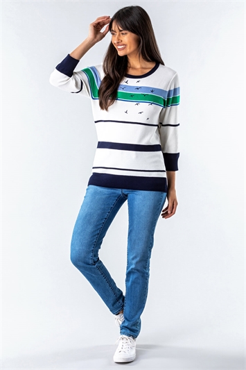 Ivory Nautical Bird Embroidered Stripe Jumper, Image 2 of 4