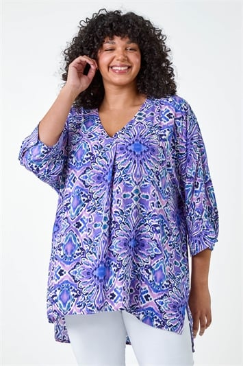 Purple Curve Printed Pleat Front Top