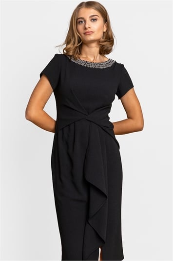 Black Embellished Stretch Twist Waist Ruched Dress