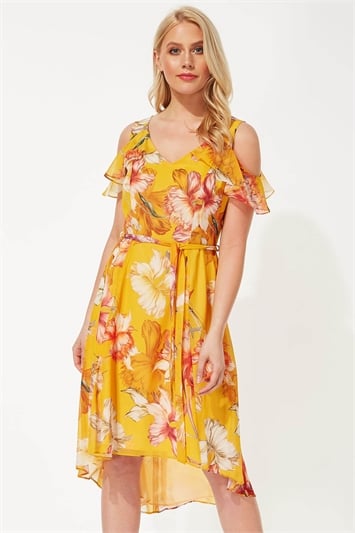 Floral Hanky Hem Cold Shoulder Dress in Orange - Roman Originals UK