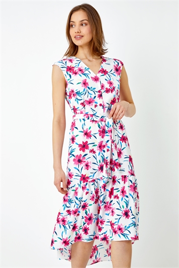 Floral Print Frill Cape Wrap Dress in Pink - Roman Originals UK