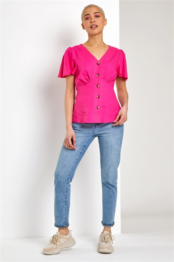 Pink Linen Button Through Blouse, Image 3 of 5