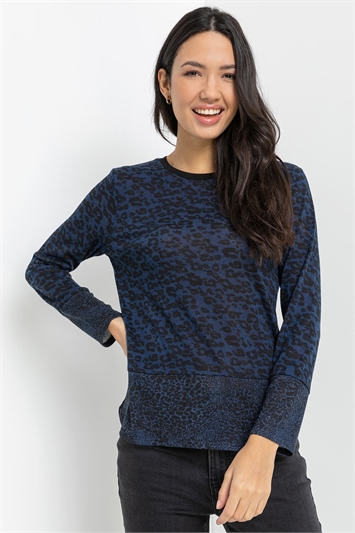 Blue Leopard Print Round Neck Long Sleeve Jersey Top