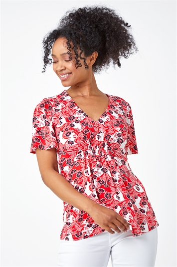 Red Petite Floral Print Stretch T-Shirt