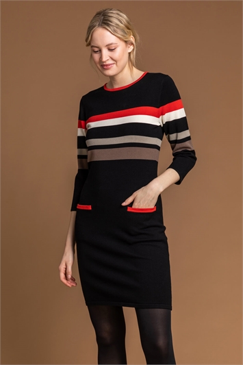 Black Contrast Stripe Print Jumper Dress