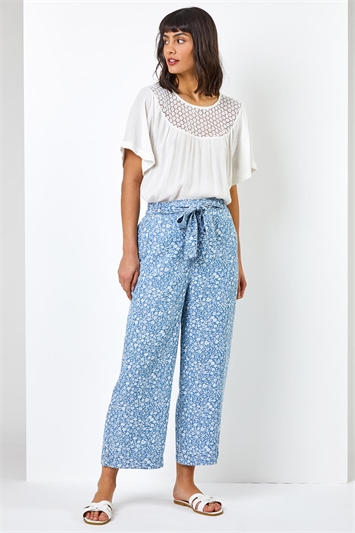 Light Blue Ditsy Floral Print Waist Tie Culottes, Image 4 of 5