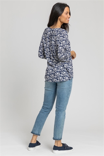 Navy Ditsy Floral Print Button Top, Image 2 of 4