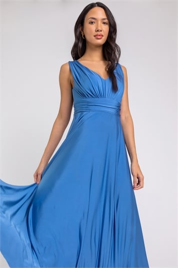 Blue Ruched Sleeveless Stretch Maxi Dress