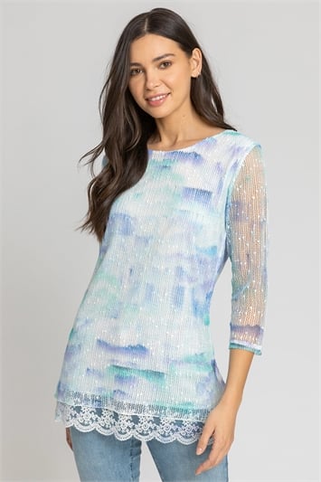 Lace Trim Mesh Overlay Top in Light 