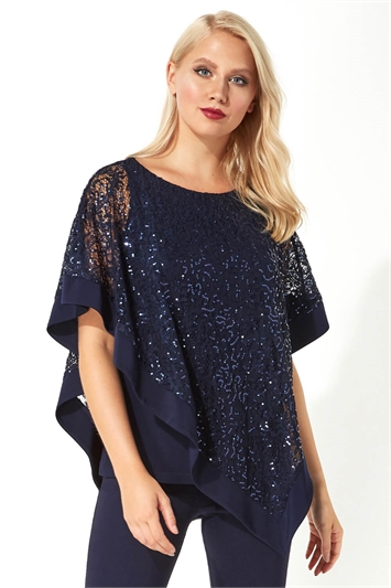 Midnight Blue Sequin Embellished Overlay Top