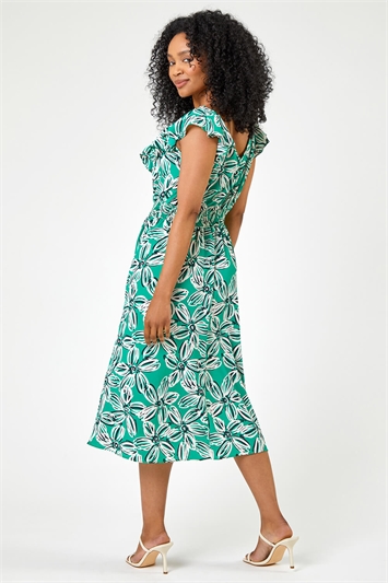 Green Petite Floral Shirred Waist Dress, Image 4 of 5