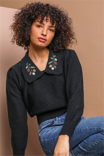Black Floral Embroidered Collar Jumper, Image 4 of 4
