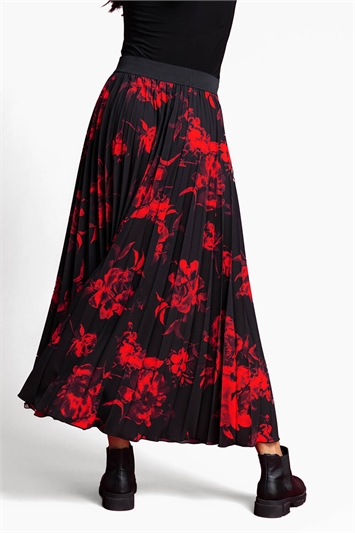Red Floral Print Pleated Maxi Skirt, Image 2 of 4