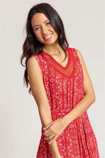 Red Geo Print Sequin Trim Midi Dress, Image 3 of 4