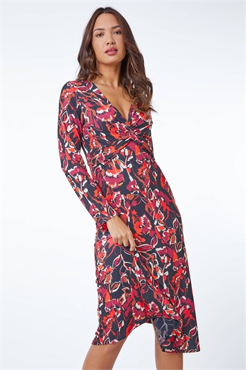 Red Abstract Print Twist Detail Ruched Midi Dress