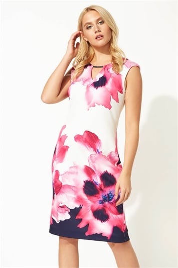 Multi Floral Print Fitted Scuba Dress