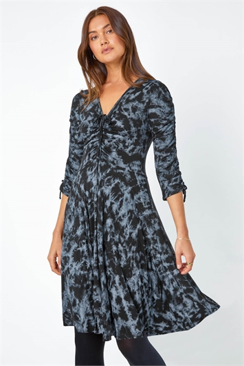 Blue Abstract Print Ruched Stretch Dress