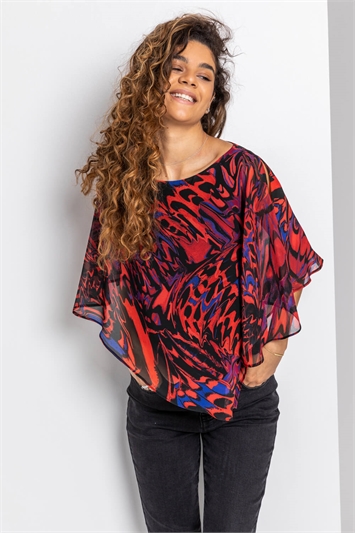 Red Abstract Butterfly Print Overlay Top